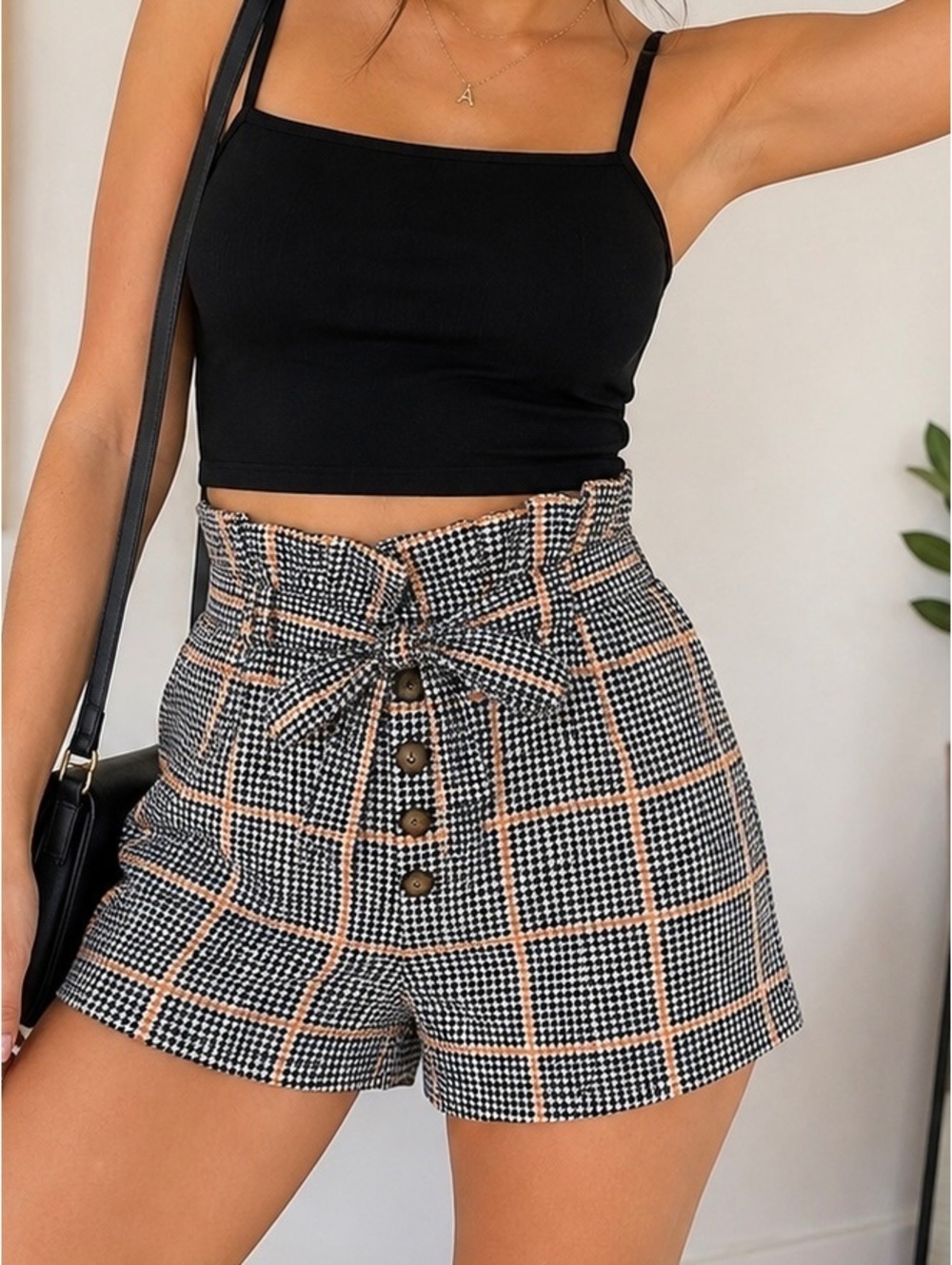 Forever 21 High Waist Plaid Paperbag Shorts with Button Front and Tie Belt